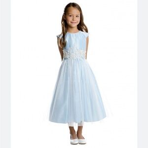 Girls' size 12 Elegant Light Blue Dress with Lace & Pears.